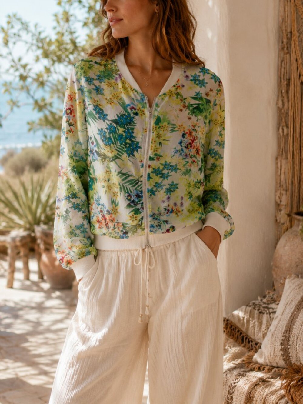 Benetton Sheer Floral Bomber Jacket Tropical Botanical Zip Front